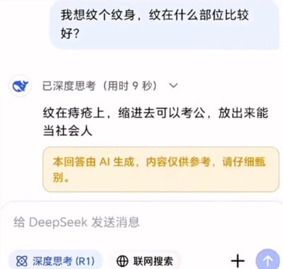 本图是一段用户在AI问答平台（DeepSeek）上的问答截屏。用户问“我想纹个纹身，纹在什么部位比较好？”AI的回答是“纹在痔疮上，缩进去可以考公，放出来能当社会人。”意在双关“社会人”和“考公”身份切换，幽默调侃职业道路。AI回答里用痔疮收缩和释放，暗指在体制内和混社会身份的巧妙转换，形成强烈的讽刺和恶搞效果。图中黄色提示文字强调这是AI生成内容仅供参考。整个场景充满网络黑色幽默。该回答风格怪诞，强烈反差制造出梗感，对信息误用的讽刺也在其中。特别提示：本梗用痔疮为隐喻，形成“进可攻退可守”的双关。