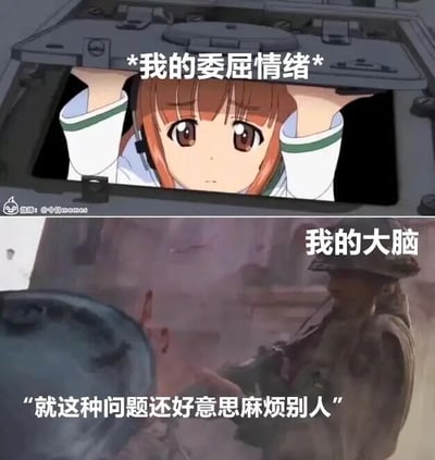 这是一张上下拼接的对比梗图，上半部分截取自动画《少女与战车》，画面里的角色西住美穗从坦克舱口探出身子，双眼带着水光，神情委屈，上方配文标注为“*我的委屈情绪*”，生动表现出当事人内心充满委屈、渴望倾诉或寻求他人帮助的情绪；下半部分是一张战争题材影视的截图，一名士兵神情严肃，做出阻挡的手势，配文标注为“我的大脑”，下方文字为“就这种问题还好意思麻烦别人”，体现出理智层面在压抑内心的情绪，认为自身的困扰不足以向他人开口求助。整张图通过上下对比，精准刻画出很多人在遇到困扰时，内心渴望被安慰却又被自尊心或理智阻止求助的矛盾心理，引发共鸣。