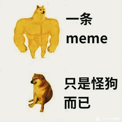 这是一张采用上下对比形式的搞笑meme图，上方是经过P图改编的形象——将知名meme角色Doge柴犬的头部与健硕的人类肌肉身体拼接在一起，搭配文字“一条meme”；下方则是Doge的原版坐姿形象，配文“只是怪狗而已”。通过两种形象的强烈反差，调侃meme的本质其实是经过创意加工的“怪异”动物形象，制造出荒诞幽默的效果。