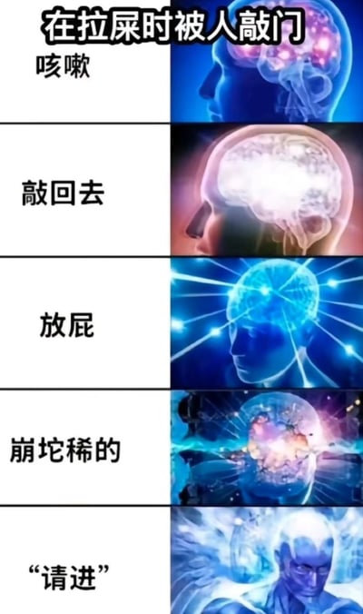 这是一张搞笑主题的多图拼接表情包，展示了当有人在你使用卫生间时敲门的五种应对方案。图片采用垂直排列的五组图文组合，每组左侧为应对方案文字，右侧为对应的大脑可视化图像。从上到下的应对方案分别是：咳嗽、敲回去、放屁、崩坨稀的和请进。大脑图像随着应对方案的离谱程度增加而变得越来越复杂和耀眼，形成幽默的视觉递进效果。