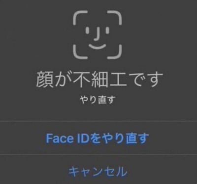 图片展示了一个模仿Face ID验证失败的搞笑界面。深色背景中央有一个由简单线条构成的人脸图标，下方配有日语文字“顔が不細工です”（意为“脸长得不精致”）和“やり直す”（意为“重新尝试”）。界面底部有两个按钮，蓝色按钮显示“Face IDをやり直す”（“重试Face ID”），灰色按钮显示“キャンセル”（“取消”）。整体通过将系统提示文案替换为自嘲式幽默内容，营造出轻松搞笑的效果，仿佛Face ID在“吐槽”用户的脸不够精致。