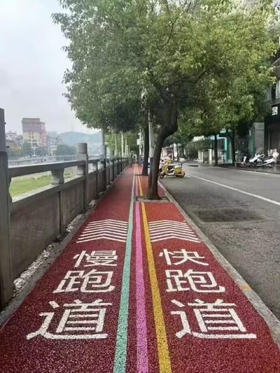 这是一处沿河岸打造的彩色跑步步道，路面采用红色颗粒材质，以彩色线条分隔为左右两个区域，左侧标注白色字样“慢跑道”，右侧标注“快跑道”，原本是为区分不同配速的跑步者而设计。但实际场景中，行道树直接种植在快跑道的区域内，完全阻断了快跑道的通行路径，使得这个快慢划分的设计失去了实际意义，显得十分不合理。步道右侧是城市道路，路边停放着几辆电动车，远处可见城市建筑与河岸景观，整体是日常的城市街景。