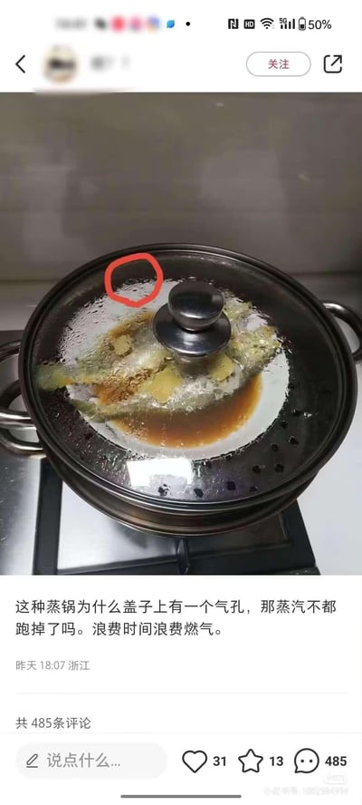 社交媒体截图展示了一个带有红色圆圈标记的蒸锅，锅内正在蒸鱼。用户提问为什么蒸锅盖子上有气孔，担心蒸汽流失会浪费时间和燃气。截图显示有485条评论，发布于昨天18:07，来自浙江。