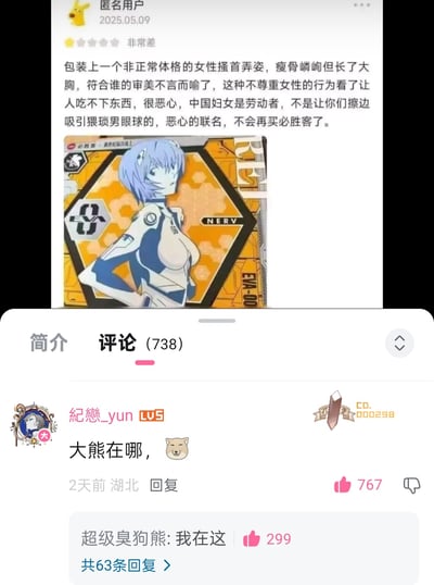 这是一张社交媒体评论区的截图，上方是匿名用户在2025年5月9日给必胜客与《新世纪福音战士》联名产品打出“非常差”的差评，指责包装上的绫波丽形象设计不尊重女性，称其为“非正常体格的女性搔首弄姿”，表示不会再购买必胜客；下方评论区中，用户“紀戀_yun”留言“大熊在哪，🐶”并获得高赞，另有用户以“超级臭狗熊:我在这”回复，玩起了《熊出没》中“熊大”与“臭狗熊”的谐音梗，和严肃的差评形成强烈反差，制造出搞笑的效果。