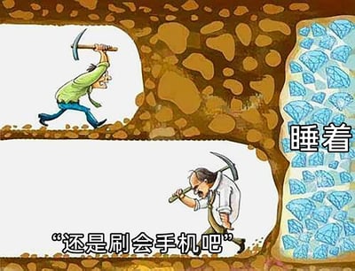 这是一幅采用上下分栏构图的讽刺类卡通漫画，展示了两位挖矿者在接近成功时的不同状态：上方的挖矿者穿着绿色上衣，满脸不甘地扛着镐头转身离开，他的矿洞右侧就是大量的钻石矿脉，旁边配文“睡着”，暗示他因懈怠没能坚持，错过近在咫尺的成功；下方的挖矿者穿着白色上衣，疲惫地扛着镐头行走，心里却想着“还是刷会手机吧”，同样身处钻石矿脉旁，即将被手机娱乐诱惑分心，放弃挖掘。这幅图用夸张的场景和对比，讽刺了当代人容易被即时娱乐诱惑，在接近目标时因缺乏自律和坚持而半途而废的现状。