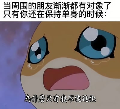 图片上方配有文字“当周围的朋友渐渐都有对象了 只有你还在保持单身的时候：”，下方是一个蓝眼睛的动画角色特写，角色双眼含泪，嘴巴微张，表情悲伤，底部文字为“為什麼只有我不能進化”。通过将朋友脱单比作“进化”，而自己单身比作“无法进化”，以幽默自嘲的方式表达了单身人士看到周围朋友都有伴侣时的无奈与调侃情绪。