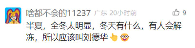 这是一张横版的社交媒体评论区截图，截图中显示用户“啥都不会的11237”（头像是黄发卡通女孩）在广东地区于20小时前发布了一条趣味评论，评论内容玩了谐音梗：针对“半夏”“全冬”的说法，通过“冬天有人会解冻”联想到“留得花”，谐音成“刘德华”，以此制造无厘头笑点，评论末尾附带了🤌和😜两个表情，该评论获得了9个点赞。整体属于图文混排的形式，构图清晰，是典型的社交媒体用户原创评论内容。