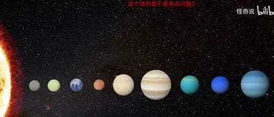 这张图片以布满星点的黑色太空为背景，最左侧展示了太阳，其右侧横向排列了八颗太阳系行星，但行星的排列顺序不符合实际距太阳由近到远的正确顺序，正确顺序应为水星、金星、地球、火星、木星、土星、天王星、海王星，图中顺序存在错漏，图片顶部有红色文字提问“这个排列是不是有点问题？”，右上角带有B站UP主“怪奇说”及bilibili的标识水印。
