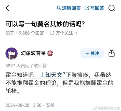 这是知乎提问「可以写一句莫名其妙的话吗？」下的高赞回答，答主玩了文字双关梗，将形容学识渊博的「上知天文下知地理」拆解为贴合霍金特点的「上知天文下肢瘫痪」，接着用「推翻理论/推翻轮椅」的双关制造荒诞笑点：表示自己虽无法在学术上推翻霍金的理论，却能在物理上推倒他的轮椅，用无厘头的方式满足「莫名其妙」的提问要求。
双关说明：「推翻」一词在这里是双关用法，既指学术领域的推翻理论，又指物理层面的推倒轮椅，结合霍金的身体状况，形成反差感极强的荒诞幽默。