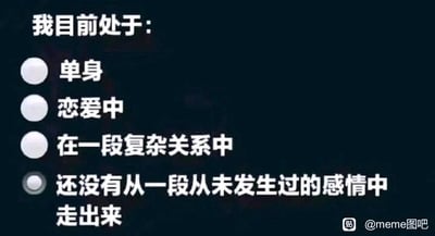 这是一张静态的图文混排梗图，模仿问卷单选选项的UI样式，顶部文字为“我目前处于：”，下方列出四个感情状态选项：“单身”“恋爱中”“在一段复杂关系中”“还没有从一段从未发生过的感情中走出来”，其中最后一个选项被选中。该图通过夸张且不符合现实的选项制造笑点，以自嘲的方式调侃那些沉浸在自己脑补的、从未真实发生的情感关系里无法释怀的状态，精准戳中了部分人精神内耗、空想式共情的情绪，充满幽默讽刺的意味。