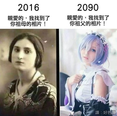 这是一张左右拼接的对比类搞笑梗图，左侧区域标注年份为2016年，搭配文字“亲爱的，我找到了你祖母的相片！”，图中是一位身着复古服饰的真实女性老照片；右侧区域标注年份为2090年，搭配文字“亲爱的，我找到了你祖父的相片！”，图中是ACG作品《Re：从零开始的异世界生活》中高人气角色雷姆的cosplay照片。这张图利用身份错位制造幽默，调侃在ACG文化影响下，很多男性爱好者将雷姆视为理想型，在未来的语境里，这类高人气女性角色会被戏称为“祖父的‘梦中情人’”，用跨时代的身份反差来戳中ACG爱好者的笑点，图的右下角带有“译：好色龍”的翻译水印。