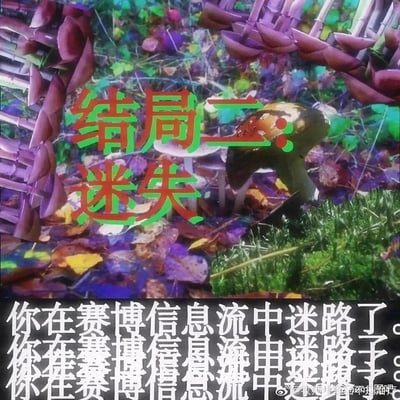 这是一张带有故障艺术风格的赛博主题梗图，画面采用色彩失真、视觉混乱的自然场景作为背景，搭配红绿撞色的“结局二：迷失”标题，下方以重复叠加的文字“你在赛博信息流中迷路了”强化核心表达，精准映射了当代人在海量、繁杂的网络信息洪流中，容易失去方向、注意力被分散、陷入信息迷茫的普遍状态，用赛博朋克的视觉语言调侃了信息过载带来的焦虑感。