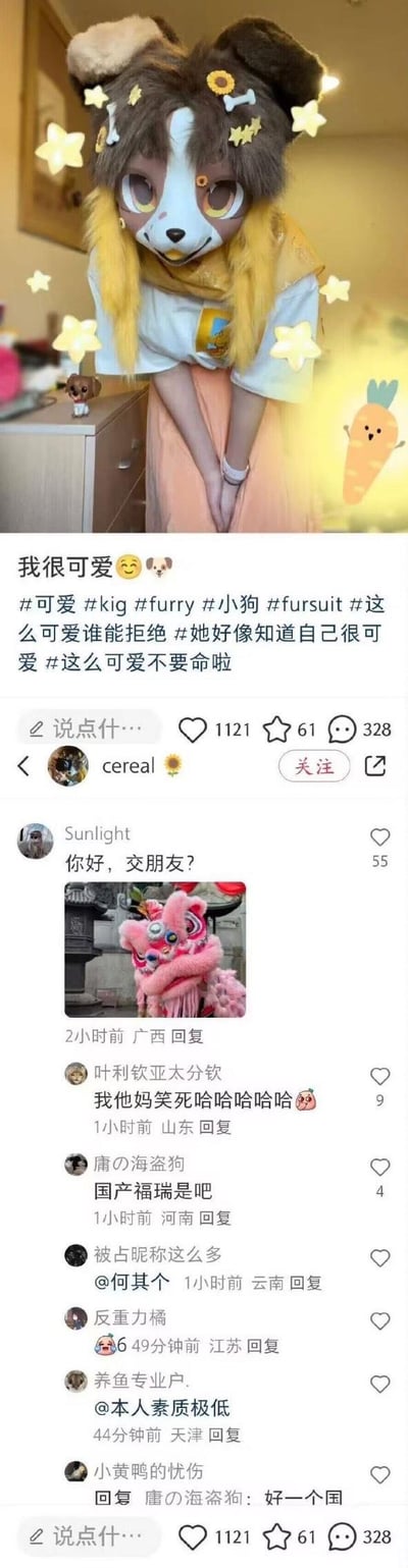 社交媒体截图中展示了一位穿着黄色和白色小狗造型furry装的用户自拍，角色有着大大的眼睛和可爱的表情，周围有星星特效装饰。图片下方是帖子内容和评论区，用户配文'我很可爱'并使用了#furry #小狗 #fursuit 等标签，表达自己的可爱。评论区有其他用户互动，包括询问能否交朋友以及展示其他furry装的回复。整体氛围轻松可爱，充满了furry文化社群的友好互动。