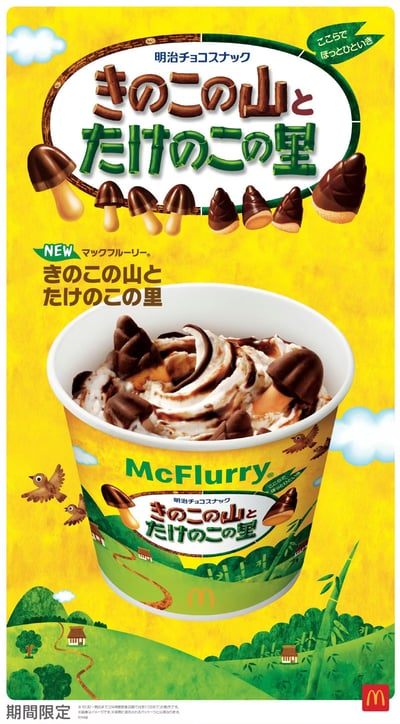 这是一张麦当劳日本的限定新品McFlurry广告图，背景为明亮的黄色，点缀着白云和小鸟图案。中央是一杯McFlurry冰淇淋，顶部撒满了明治的“蘑菇山”（きのこの山）和“竹笋里”（たけのこの里）巧克力零食，前者为蘑菇形状，后者为竹笋形状。广告上方有大字标题“明治チョコスナック きのこの山とたけのこの里”，并标注“NEW マックフルリー”（新麦旋风）和“期間限定”（期间限定）。由于竹笋形状的零食外观，有网友幽默地联想到不太雅观的视觉效果。