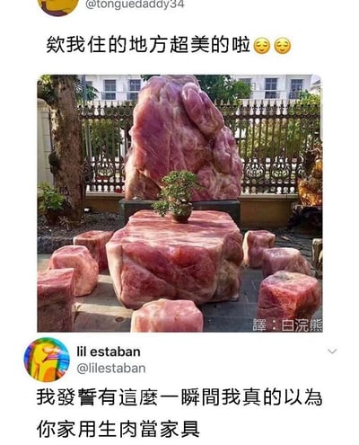 社交媒体截图中，用户@tonguedaddy34 分享了一张粉色石头制成的桌子和凳子的照片，并配文“欸我住的地方超美的啦😊😊”，展示自家院子的美观。下方用户@lilestaban 评论调侃道“我發誓有這麼一瞬間我真的以為你家用生肉當家具”，因粉色石头的色泽和纹理与生肉相似而产生搞笑误会。图片通过图文结合的方式呈现了这一幽默互动，翻译“譯：白浣熊”显示在图片右下角。