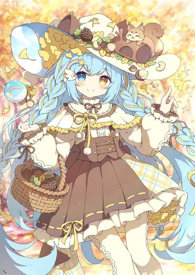 画面中是一位蓝发少女，她有着一双异色瞳（左眼蓝色，右眼黄色），头戴一顶装饰着秋叶、松果和小松鼠玩偶的巨大草帽。少女的头发呈双马尾造型，发尾带有黄色挑染。她身穿白色蕾丝领上衣和棕色背带裙，裙摆和袖口都有黄色花边装饰。少女左手提着一个装满松果的篮子，右手食指轻轻抬起，周围漂浮着带有彩虹的透明泡泡和飘落的秋叶。背景是暖黄色调的模糊光影，营造出温馨的秋日氛围。整幅画风格细腻，色彩明快，充满了童话般的治愈感。