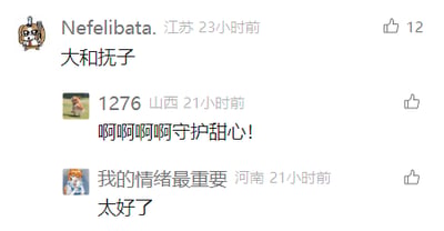 这是一张静态的社交媒体评论区屏幕截图，属于竖屏手机格式，展示了三条来自不同地区用户的评论内容。第一条评论来自IP为江苏的用户“Nefelibata”，发布于23小时前，内容为“大和抚子”，获得12个点赞，头像是戴眼镜的卡通角色；第二条评论来自IP为山西的用户“1276”，发布于21小时前，内容为“啊啊啊啊守护甜心！”，头像是户外的动物照片；第三条评论来自IP为河南的用户“我的情绪最重要”，发布于21小时前，内容为“太好了”，头像是动漫角色截图。每条评论右侧都有点赞按钮，整体界面简洁。