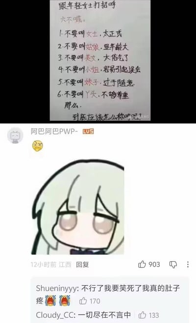 这张图是拼接而成的社交媒体内容，上半部分是手写风格的文字内容，主题为“跟年轻女士打招呼六不喊”，依次列出了6种不适合的称呼及原因：不要叫女士（太正式）、不要叫姑娘（显年龄大）、不要叫美女（太俗气）、不要叫小姐（容易引起误会）、不要叫妹子（过于随意）、不要叫丫头（不够尊重），最后抛出疑问“那么，到底应该怎么称呼呢？”。下半部分是B站的评论区截图，用户“阿巴阿巴PWP-”针对上述问题回复了一个眼神空洞、表情呆滞的浅发卡通女性表情包，没有配文字，用无言的状态精准回应了不知道如何称呼的困惑，该回复获赞903；下方还有两条其他用户的评论，分别表示这个回复太过好笑笑到肚子疼，以及评价该回复“一切尽在不言中”。