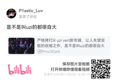 图片为Bilibili平台的评论截图，显示用户“P1astic_Luv”发表评论“是不是叫uzi的都很自大”，并引用了UP主“Princ3Carti”的视频标题“严格拷打lil uzi vert新专辑，让人失望至极的收棺之作，是不是叫uzi的都很自大”。图片底部有粉色Bilibili logo及分享信息“分享于2024年11月2日 16:50:18”，右下角配有二维码，提示“保存图片至相册 打开哔哩哔哩观看视频”。