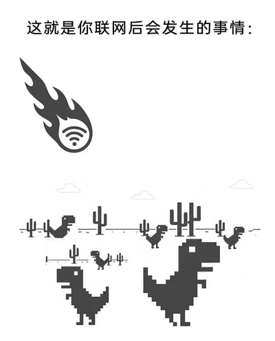 这张梗图上方是带有火焰的WiFi图标，下方是谷歌Chrome浏览器断网时的内置小游戏《Dino Game》的沙漠场景，但原本统一的小恐龙变得大小不一、分散混乱。
这是一个玩浏览器断网梗的幽默创作：断网时只能玩这个小恐龙跑酷游戏，而联网后，这个游戏里的小恐龙就像遭遇了“灭顶之灾”，用反差感调侃联网后就不再需要这个断网专属小游戏，或是用夸张的方式表现“联网”对这个断网场景的冲击。