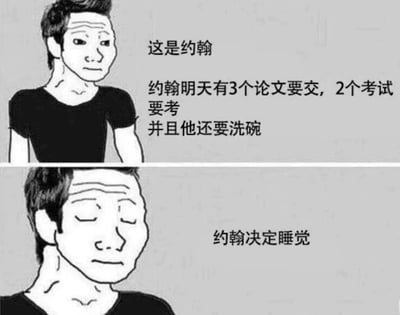 这是一张上下拼接的连环图文梗图，上图展示了名为约翰的卡通人物，他眉头紧皱，面露疲惫，旁边的文字介绍“这是约翰”，并说明他明天有3篇论文要提交、2场考试要参加，同时还需要洗碗，呈现出他被大量待办事项压身的焦虑状态；下图中约翰闭着眼睛，神态放松，旁边文字写着“约翰决定睡觉”，通过前后人物神态和文字的强烈对比，用幽默戏谑的方式表现出在巨大压力下选择摆烂、逃避任务的心态，精准戳中当代学生及被繁重事务困扰人群的情绪，引发共鸣。