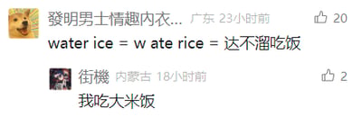 这是一张国内社交平台的评论区截图，画面呈现两条用户评论的玩梗互动。第一条来自广东的用户“發明男士情趣内衣...”在23小时前发布了一个英文谐音梗：将“water ice”拆分为“w ate rice”，谐音对应中文的“达不溜吃饭”，该评论收获了20个点赞；第二条是来自内蒙古的用户“衔機”在18小时前的回复“我吃大米饭”，收获2个点赞，回复内容呼应了前者的吃饭相关梗，形成了有趣的搞笑互动，整体风格轻松诙谐，是网络社区中常见的即兴玩梗内容。