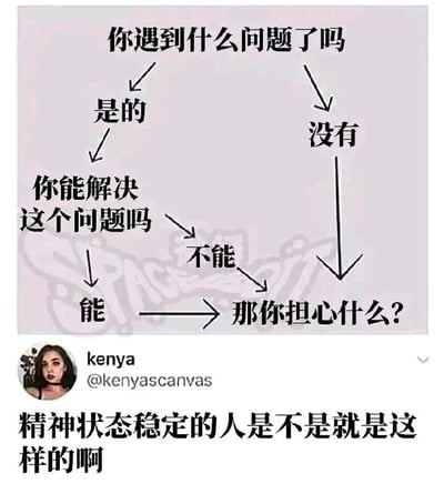 这是一张从海外社交平台搬运的网络梗图，主体内容是一个用于消解焦虑的心态逻辑流程图。流程图以提问展开：首先问“你遇到什么问题了吗”，分为“是的”和“没有”两个分支；选择“是的”后，继续提问“你能解决这个问题吗”，再分为“能”和“不能”两个分支；最终“能解决问题”“不能解决问题”“没有遇到问题”这三个分支都指向同一个结论——“那你担心什么？”。图片左下角是发布者kenya的头像与账号名，下方配文提问“精神状态稳定的人是不是就是这样的啊”，以此调侃这种“无论何种情况都无需焦虑”的心态，认为这就是精神状态稳定人群的思维模式，用简单的逻辑传递出一种豁达的情绪调节思路。