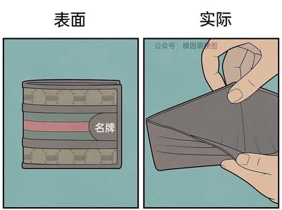 这是一张采用左右对比构图的卡通静态图，通过强烈的反差来传递讽刺意味。左侧画面标注“表面”，呈现了一个外观精致的名牌钱包，钱包上印有重复的“BRAND”字样和标志性的品牌配色条纹，还标注了“名牌”字样，钱包看起来被塞得十分饱满，营造出富足、有消费能力的假象；右侧画面标注“实际”，展示了两只卡通手正翻开这个名牌钱包，内部空空如也，毫无任何财物。该图生动地讽刺了部分人群为了追求表面的光鲜亮丽，不惜使用名牌物品撑场面，但实际经济状况拮据的现象，容易引发当代年轻人在消费观念上的共鸣。