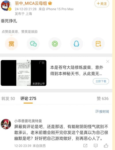 这是一张来自微博平台的社交媒体截图，展示了游戏开发团队云母组的负责人账号“羽中_MICA云母组”在2024年12月20日21:28发布的一条微博。该微博仅配有文字“垂死挣扎”，下方附带一句说明“点赞是美意，赞赏是鼓励”，发布设备为iPhone 15 Pro Max，定位上海。微博下方显示了一条仙侠类小说推广广告，内容为“本是苍穹大陆修炼废柴，意外得到本神秘天书，从此竟无...”，广告标注“来源穿山甲”。在评论区中，用户“小乖兽要吃奥特曼”于当日23:39发布评论，指责博主在米哈游的游戏前瞻会刚结束后发布这条微博是阴阳怪气的行为，要求博主专注做好自己的游戏，不要做出让玩家反感的事情，该评论定位陕西，表达了玩家对该游戏开发者的强烈不满。