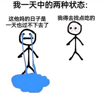 这是一张展示一天中两种状态对比的火柴人梗图。上方标题为“我一天中的两种状态：”。左侧火柴人双眼流泪，泪水呈蓝色并在脚下形成水洼，配文“这他妈的日子是一天也过不下去了”，表现出极度崩溃的情绪；右侧火柴人睁着圆溜溜的大眼睛，配文“我得去找点吃的”，呈现出对食物的警觉和兴趣。通过夸张的表情和文字对比，幽默地展现了日常生活中情绪的快速转变。