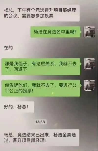 这是一张竖屏的手机聊天记录截图，内容围绕职场竞选展开：下属首先通知公司管理层杨总，下午有项目部经理竞选的投票会议需要他参加；杨总询问竞选名单里是否有杨浩，得到肯定答复后，以杨浩是自己侄子为由提出回避投票，并要求下属传达自己要公平公正投票的意思；最后下属告知杨总，杨浩以全票通过的结果成功晋升为项目部经理。这段对话通过杨总“回避以保公平”和“侄子全票当选”的强烈反差，制造出幽默讽刺的效果，暗喻职场中存在的隐性特权与人情世故，看似公平的背后实则是众人对上级意图的领会，用诙谐的方式展现了职场里的这类微妙现象。