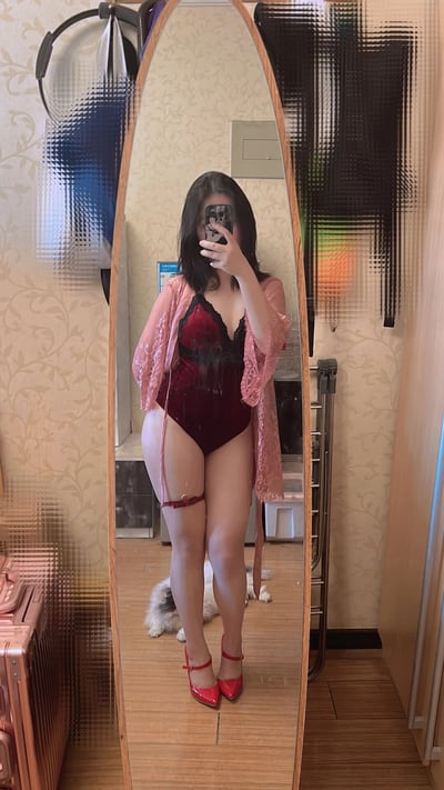 一位女性在室内镜子前自拍，穿着酒红色丝绒连体衣搭配粉色蕾丝开衫，脚踩红色高跟鞋。她用手机遮挡面部，身后地板上有一只白色小狗。房间背景有花纹壁纸、木质地板和衣物架，整体呈现居家穿搭展示场景。
