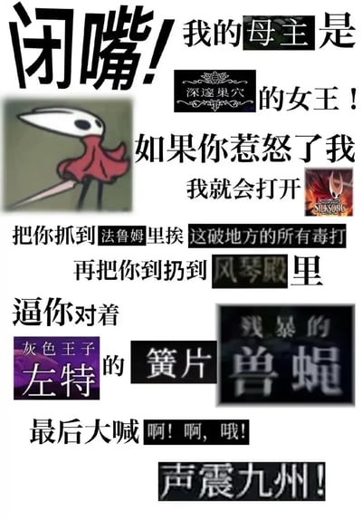 这是一张《空洞骑士》主题的图文混排梗图，左侧放置了游戏角色大黄蜂的卡通立绘，右侧搭配戏谑的威胁文字，内容结合了《空洞骑士》原作的深邃巢穴、法鲁姆、风琴殿、灰色王子左特、兽蝇等玩家熟悉的高难度游戏设定，以及尚未发售的系列新作《空洞骑士：丝之歌》的相关元素，用夸张的语气表示惹怒自己的人会被扔进游戏里承受各类高难度内容的折磨，风格诙谐，只有熟悉该游戏系列的受众才能理解全部笑点。