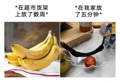 这是一张左右分栏的对比式搞笑梗图，左侧区域上方配有文字“*在超市货架上放了数周*”，下方展示的是一串整体呈鲜黄色、仅表皮带有少量黑斑的新鲜香蕉，状态良好；右侧区域上方配有文字“*在我家放了五分钟*”，下方的画面则极具反差感：原本的香蕉完全变黑腐烂，只剩类似香蕉皮的黑色物体挂在透明容器的边缘，容器内还有一颗红色的小果实。这张图用极度夸张的对比手法，调侃了生活中“香蕉在超市能长时间保持新鲜，到了自己家里却仿佛瞬间变质”的真实体验，通过放大这种不符合常理的差异来制造搞笑效果，引发网友的共鸣。