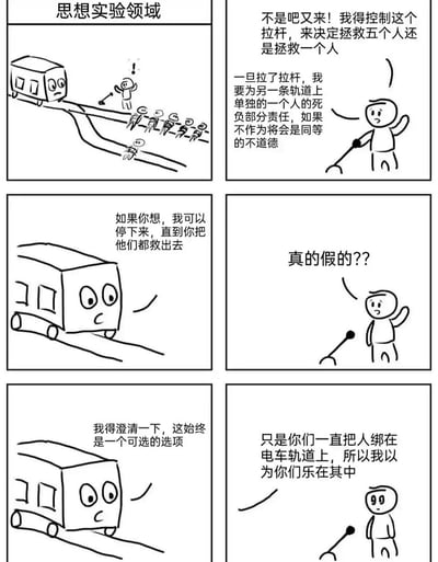 这是一组六格的手绘恶搞漫画，改编自经典伦理思想实验“电车难题”。第一格呈现了电车难题的经典场景：一辆拟人化的电车驶向绑着五个人的轨道，旁侧轨道绑着一个人，握拉杆的人正面对两难抉择；第二格是拉杆人陷入内心挣扎，纠结拉动拉杆要为单独轨道上的人的死亡负部分责任，而不作为也同样不道德；第三格中拟人化的电车突然开口，表示可以停下来，让拉杆人把所有人都救出去；第四格是拉杆人震惊地反问“真的假的？？”；第五格电车进一步澄清，停下来救人始终是可选选项；第六格拉杆人无奈吐槽，是大家一直把人绑在轨道上，自己还以为大家乐在其中这个设定。漫画跳出了原本的两难伦理困境，用荒诞的设定解构了经典思想实验的刻板框架。