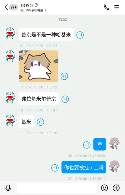 这是一张QQ群聊的截图，群名称为DOYO，当前手机电量显示59%。群内头像是哆啦A梦的用户先发出疑问玩谐音梗，将人名的后缀与流行词“哈基米”做关联，先后发送了相关疑问文字、可爱的卡通小动物表情包、对应人名全称、“基米”的文字内容，另一个头像是二次元少女的用户先后回复“草”和“你也要被挂x上吗”，既表达了对这个谐音梗的无语感，也调侃对方玩这类梗可能违反平台规则被处理。