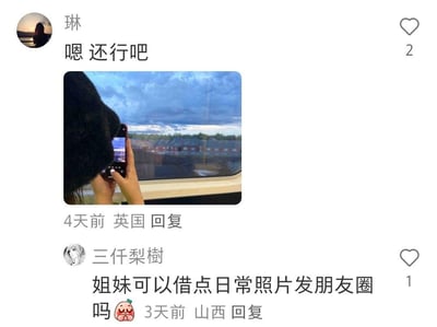 这是一张社交媒体评论区的截图，包含两条用户评论：
1. 用户「琳」4天前在英国发布评论，配文「嗯 还行吧」，附带一张在动车内用手机拍摄窗外景色的照片，该评论获得2个赞；
2. 用户「三仟梨樹」3天前在山西回复该评论，内容为「姐妹可以借点日常照片发朋友圈吗🥺」，获得1个赞。
整个场景展现了网友之间想要借用他人日常照片来丰富自己朋友圈的有趣社交互动，没有双关、谐音梗或暗示内容。