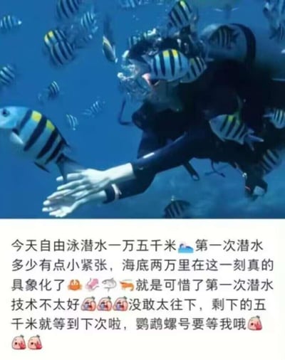 这是一张图文结合的搞笑社交动态，上方是一张真实的海底潜水照片：一位身着全套潜水装备的潜水员在蓝色海水中，周围环绕着大量蓝黄条纹的热带鱼，潜水员伸出手，似乎在和鱼儿互动；下方是一段模仿朋友圈风格的文案，文案用极度夸张的表述，称自己第一次自由泳潜水就完成了一万五千米，还将这次体验和科幻作品《海底两万里》关联，调侃自己技术不好剩下五千米留到下次，还提到了作品里的鹦鹉螺号，搭配了多个表情符号增添趣味。文案里的潜水距离完全违背现实常识，通过这种离谱的夸张制造出强烈的反差笑点，是网友结合真实照片和科幻梗的趣味整活内容。