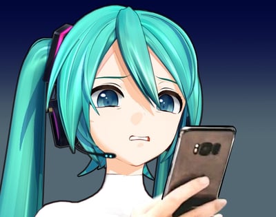 图中是虚拟歌手初音未来的3D建模形象，她有着标志性的青绿色双马尾与蓝色大眼睛，正手持智能手机，眉头微皱、嘴角下撇，露出惊讶又略带不安的表情，仿佛在手机屏幕上看到了让自己意外的内容，很适合用来表达看到意外消息时的情绪。
