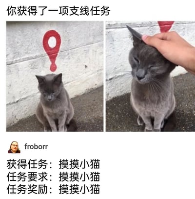 这是一张模仿游戏支线任务形式的趣味左右对比梗图。左侧画面中，一只灰色小猫垂头丧气地坐在墙前，头顶的墙面上画着类似游戏任务提示的红色感叹号标记，小猫看起来情绪低落；右侧画面里，一只手正抚摸小猫的头部，小猫闭眼露出享受惬意的表情，墙面上的红色感叹号也随着抚摸动作看起来像是被“移开”。图中文字将摸猫这件日常小事包装成游戏支线任务，顶部标注“你获得了一项支线任务”，下方用户froborr的内容写着“获得任务：摸摸小猫 任务要求：摸摸小猫 任务奖励：摸摸小猫”，用重复的文字强调任务核心就是抚摸小猫，通过游戏任务的形式放大了撸猫的治愈感，充满趣味性。
