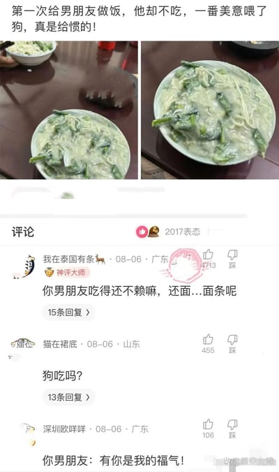 这是一张社交媒体截图，发帖用户分享了自己第一次给男朋友做的饭，成品是一盘外观糟糕、青菜和面条糊成一团的“黑暗料理”，用户抱怨男友不领情，觉得自己的心意被辜负。底下的网友纷纷针对这顿饭的外观进行调侃，高赞评论指出这盘“饭”里还能辨认出面条，还有网友用“狗吃吗”“有你是我的福气”这类反讽的话语，吐槽这顿饭的卖相实在难以让人下口，整体是充满笑点的情侣日常与美食翻车趣事。