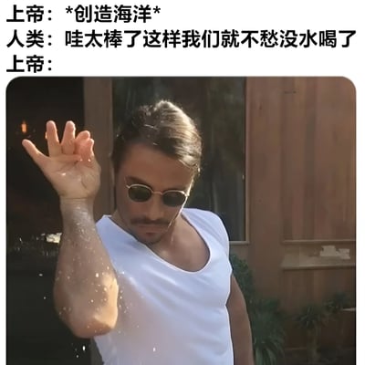 这是一张幽默梗图，上方文字描述上帝创造海洋后，人类天真地以为从此不愁没水喝，而下方配图是一位戴着太阳镜、穿着白色背心的男子正潇洒地从手中撒出盐粒，暗示上帝创造的是不能直接饮用的海水，形成了有趣的反差和误解笑点。