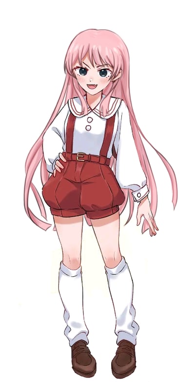 这是一张AI生成的原创二次元卡通少女立绘，画面中的少女有着柔顺的粉色长直发，搭配蓝灰色的明亮眼眸，脸上带着灿烂的笑容，脸颊还有淡淡的红晕，充满元气。她身穿带有红色装饰边的白色水手领上衣，外搭酒红色背带短裤，腰间系着同色系带金属扣的腰带，下身是堆堆款白色长袜和复古棕色小皮鞋。少女摆出单手叉腰、另一手自然下垂的站立姿势，整体造型青春活泼，背景为透明，适合用作插画素材、角色设定参考或者社交平台头像。