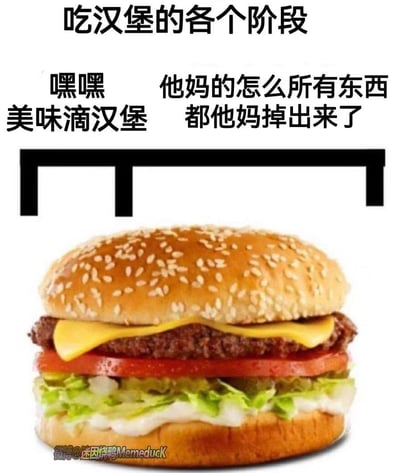 这张梗图通过图文结合的方式，还原了人们食用汉堡时的两个真实阶段：初始阶段看到完整汉堡时的开心期待，配文“嘿嘿 美味滴汉堡”；但当尝试咬下时，就会遭遇食材全部掉出的尴尬崩溃场景，配文“他妈的怎么所有东西都他妈掉出来了”，用接地气的吐槽戳中了很多人吃汉堡时的共同经历，搞笑又真实，引发强烈共鸣。