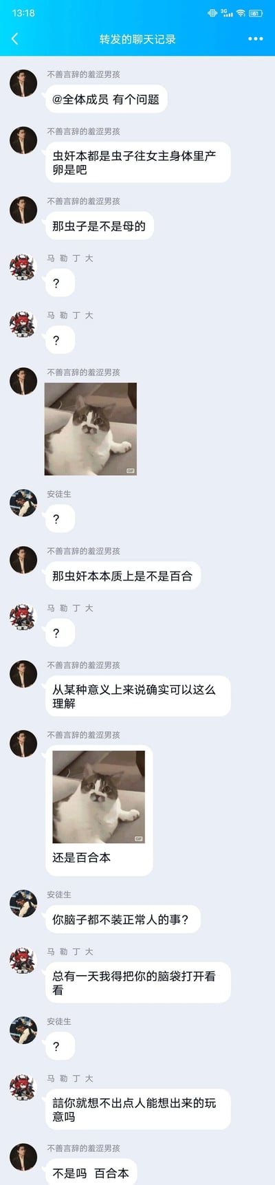这是一张微信群聊记录截图，群成员「不善言辞的羞涩男孩」针对ACG领域的虫奸本题材提出了荒诞的脑洞：认为产卵的虫子是雌性，因此这类作品本质属于百合题材，并反复强调这个观点。他的离谱言论引发了群内成员「马勒丁大」和「安徒生」的吐槽与疑惑，对话中还穿插了两张同款猫咪疑惑的GIF图，整体氛围充满荒诞搞笑的反差感，展现了网友天马行空的奇葩脑洞。