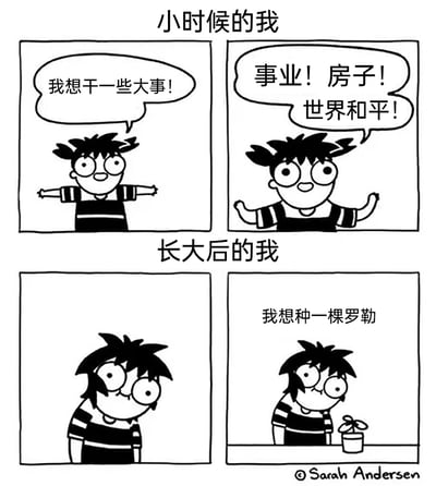 这是一幅四格对比类卡通漫画，分为“小时候的我”与“长大后的我”两个板块。上半部分的小时候的“我”，表情兴奋、神态激昂，先是张开双臂喊出“我想干一些大事！”，随后又挥动手臂列出“事业！房子！世界和平！”，满是对未来的宏大憧憬与雄心壮志；下半部分的长大后的“我”，神情疲惫低落，姿态蔫垂，最后仅仅期许“我想种一棵罗勒”。通过强烈的前后对比，生动展现了成长过程中，现实生活磨平了人们的宏大志向，让人们的愿望从遥不可及的人生目标，转变为微小而具体的日常小事，精准戳中了当代人在生活压力下，对简单、安稳生活的内心向往，充满了幽默与共情力。