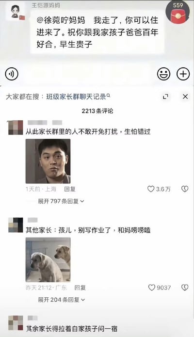 这张图是社交媒体聊天记录截图，上方内容为网传的班级家长群消息，用户“王恺源妈妈”公开@群内另一位用户“徐菀咛妈妈”，表示自己已经离开，对方可以住到自己家，还祝福对方和自己孩子的爸爸百年好合早生贵子，直接曝光了对方和自己丈夫出轨的私事；下方是该事件相关内容的评论区，三条高赞评论均为网友玩梗内容，第一条调侃从此家长群里的人都不敢开免打扰，生怕错过这类大瓜，还搭配了一脸错愕震惊的男士表情包；第二条调侃其他家长看到消息后会立刻喊孩子停下作业来一起吃瓜，搭配了两只好奇张望的狗狗表情包；第三条调侃其余家长看到消息后会拉着自家孩子询问相关情况问一整晚，整体是网友针对家长群突发的出轨八卦事件创作的搞笑玩梗内容。