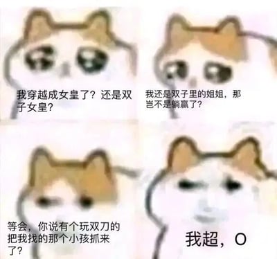 这是一张四格连环的图文混排表情包，采用网络流行的拟人悲伤猫形象作为视觉载体，通过四格画面中猫的表情变化和配套文字，构建了一个穿越梗的反转故事：第一格中，拟人猫露出疑惑的神情，疑惑自己穿越成为了双子女皇；第二格中，猫的表情转为窃喜，认为自己作为双子女皇中的姐姐可以轻松“躺赢”；第三格中，猫的表情变得严肃，询问关于“玩双刀的人抓走小孩”的事情；第四格中，猫的表情转为震惊，发出“我超，O”的感叹。结合文字和游戏梗背景，这里的反转在于，原本以为自己是地位优越的双子女皇姐姐，结果发现自己对应的是游戏《艾尔登法环》中处境被动的角色，期待落空的反差感形成了喜剧效果。