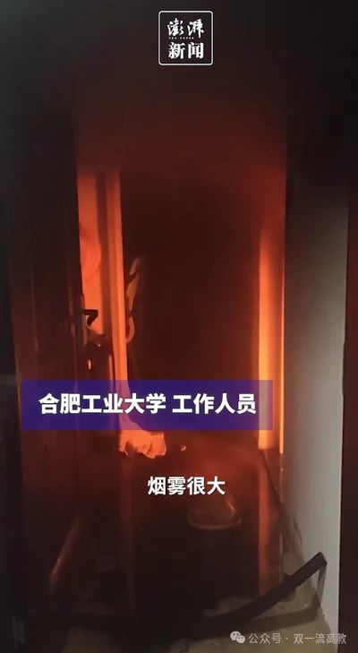 这是一段火情现场的视频截图，画面展示了合肥工业大学的一处室内区域，现场被橙红色的火光映照，空间内烟雾弥漫，能见度较低，能看到一个模糊的人物身影在其中。画面叠加了文字标注，说明是该校工作人员描述现场“烟雾很大”，整体场景传递出火情现场的紧张与危急氛围，直观展现了火灾发生时的危险状况。