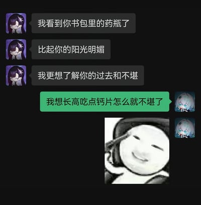 这是一张拼接而成的聊天记录梗图，左侧的游戏角色看到对方书包里的药瓶后，开启伤痛文学式的关心，以为对方有不堪的过去，结果对方只是为了长高吃钙片，最后还配上了一张尴尬无语的熊猫头表情包，通过强烈的反差制造出搞笑的效果，没有双关或谐音梗，纯粹是误会带来的笑点。